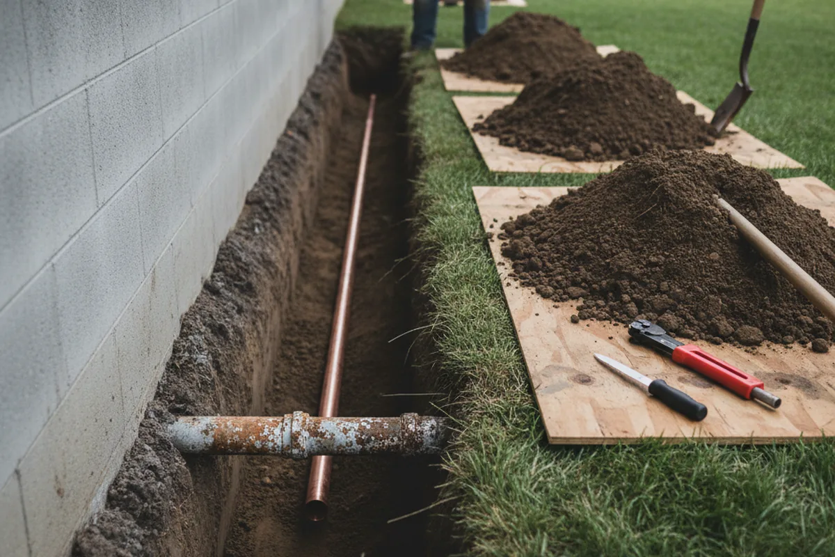 Excavated water line trench during Sewer Line Repair in Lovettsville
